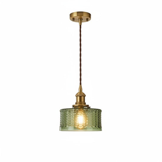 Pendant Lamp Vintage with Textured Glass Shade and Brass Fitting