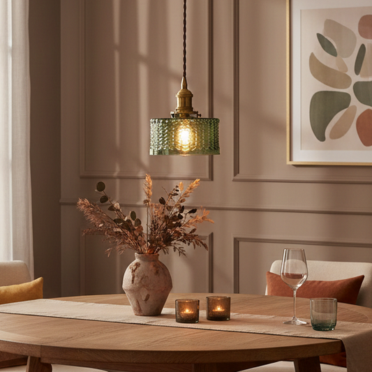 Pendant Lamp Vintage with Textured Glass Shade and Brass Fitting