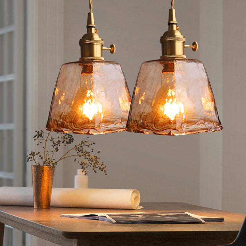 Pendant Lamp Vintage with Textured Glass Shade and Brass Fitting
