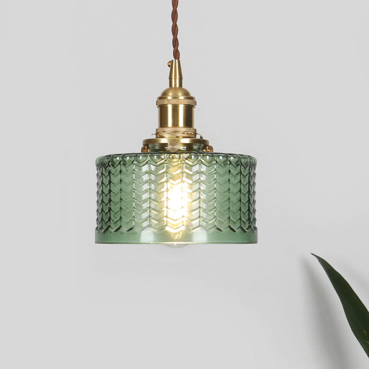 Pendant Lamp Vintage with Textured Glass Shade and Brass Fitting
