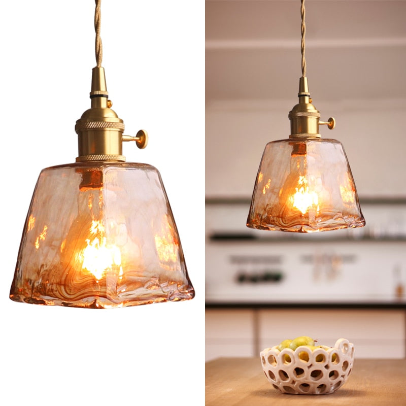 Pendant Lamp Vintage with Textured Glass Shade and Brass Fitting