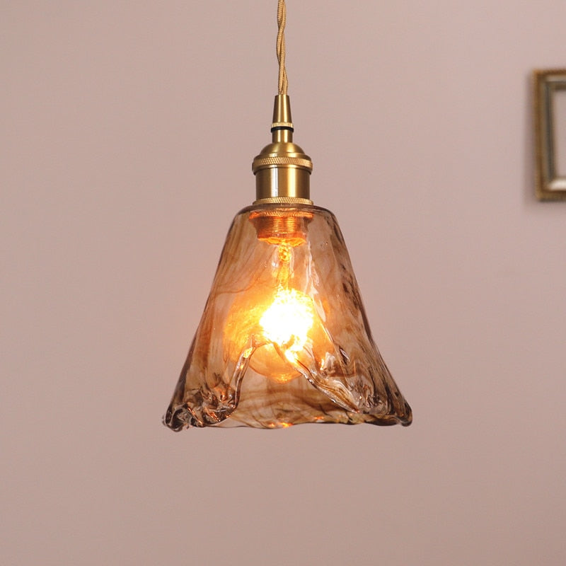 Pendant Lamp Vintage with Textured Glass Shade and Brass Fitting