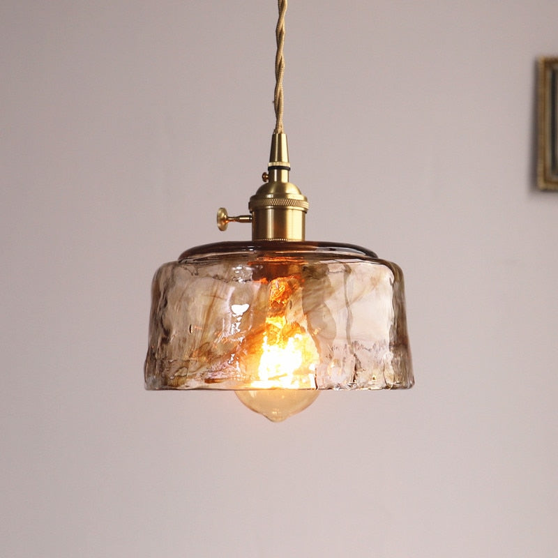 Pendant Lamp Vintage with Textured Glass Shade and Brass Fitting