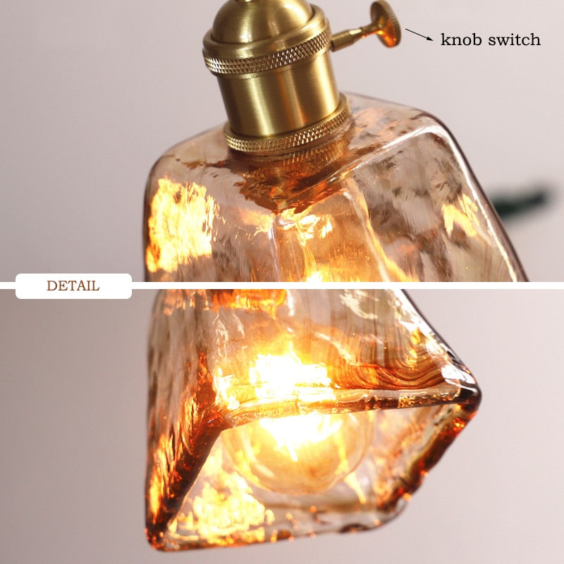 Pendant Lamp Vintage with Textured Glass Shade and Brass Fitting