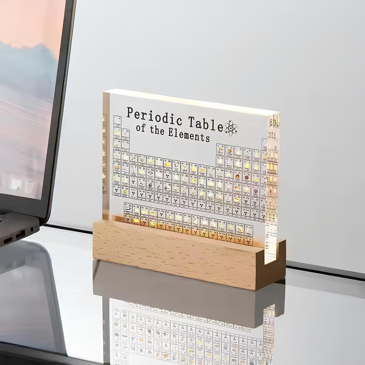 Periodic Table of Elements Acrylic Display with LED Light and Wood Base