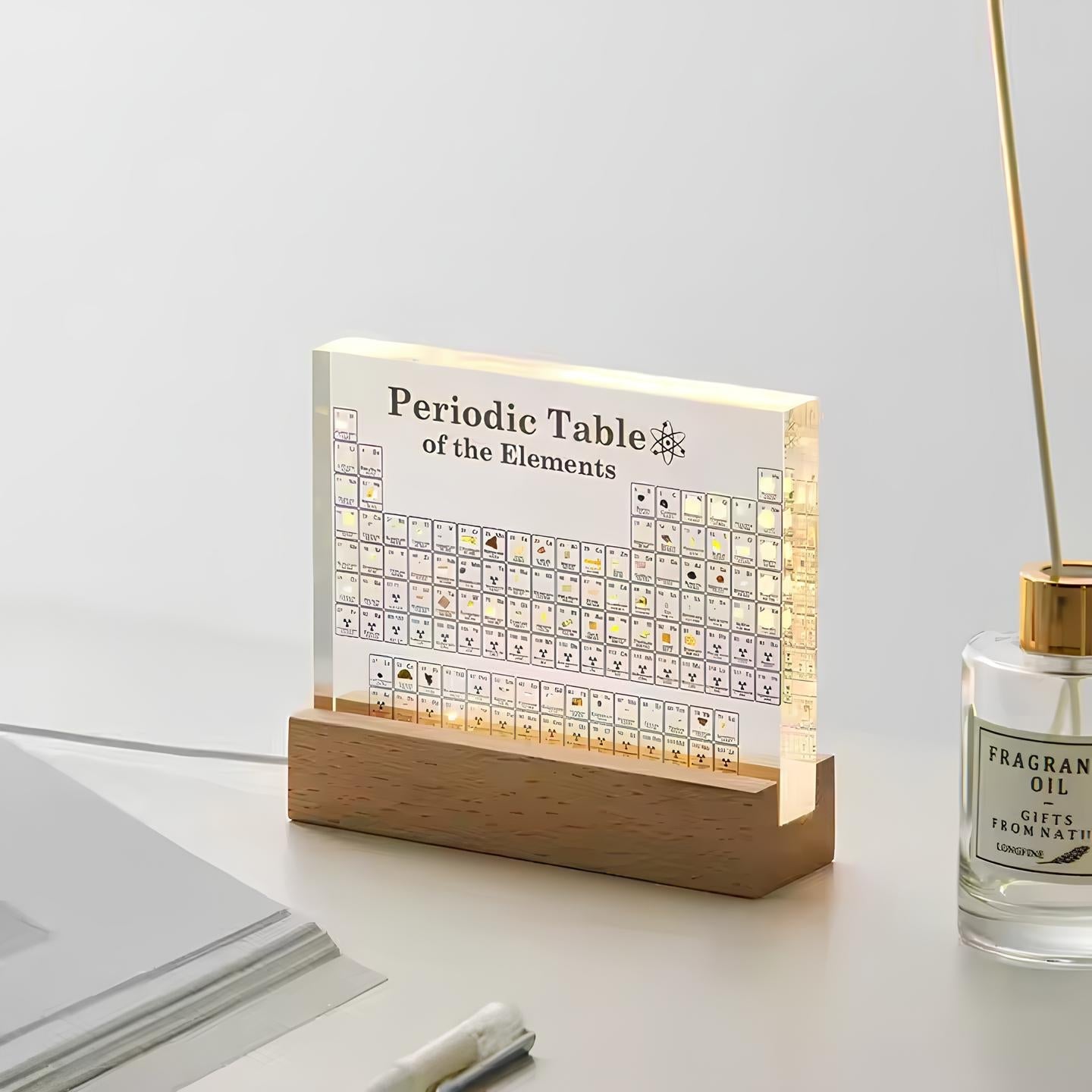 Periodic Table of Elements Acrylic Display with LED Light and Wood Base