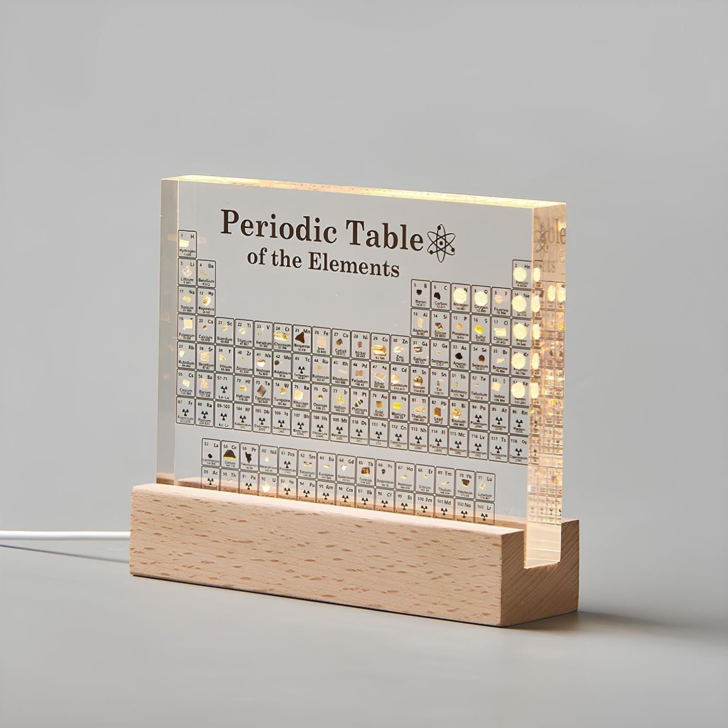 Periodic Table of Elements Acrylic Display with LED Light and Wood Base