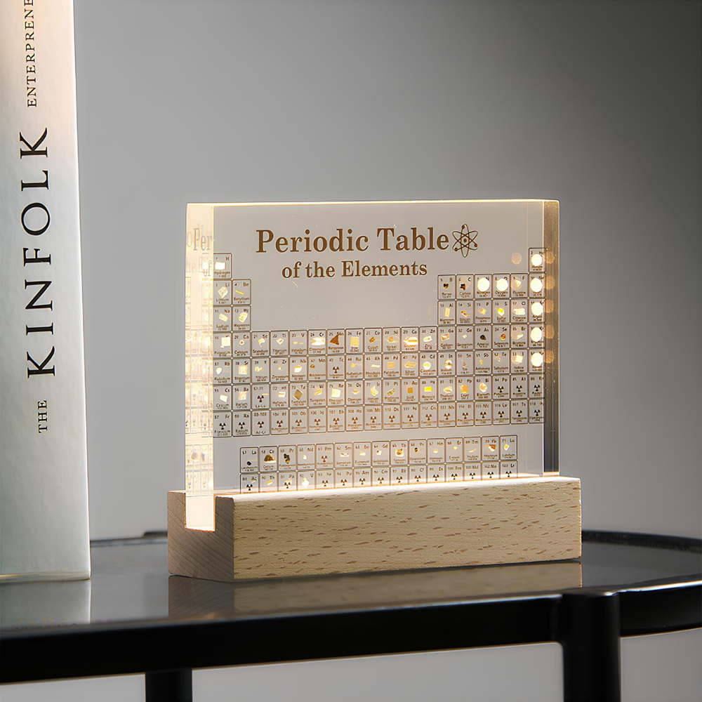 Periodic Table of Elements Acrylic Display with LED Light and Wood Base