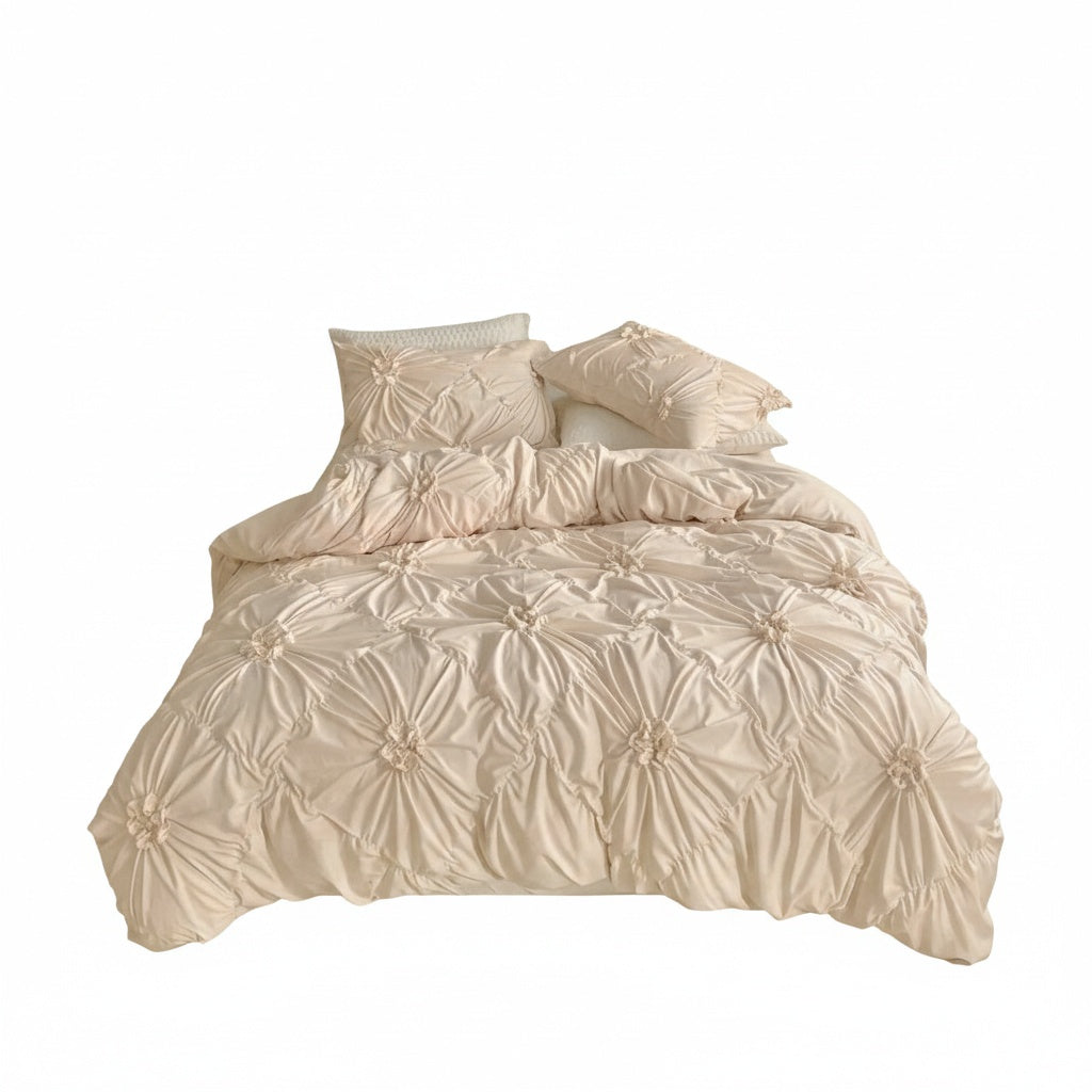 Pinch Pleat Duvet Cover Set with Ruffle Flower Texture and Zipper Closure