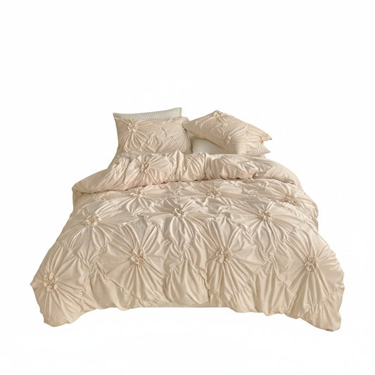 Pinch Pleat Duvet Cover Set with Ruffle Flower Texture and Zipper Closure