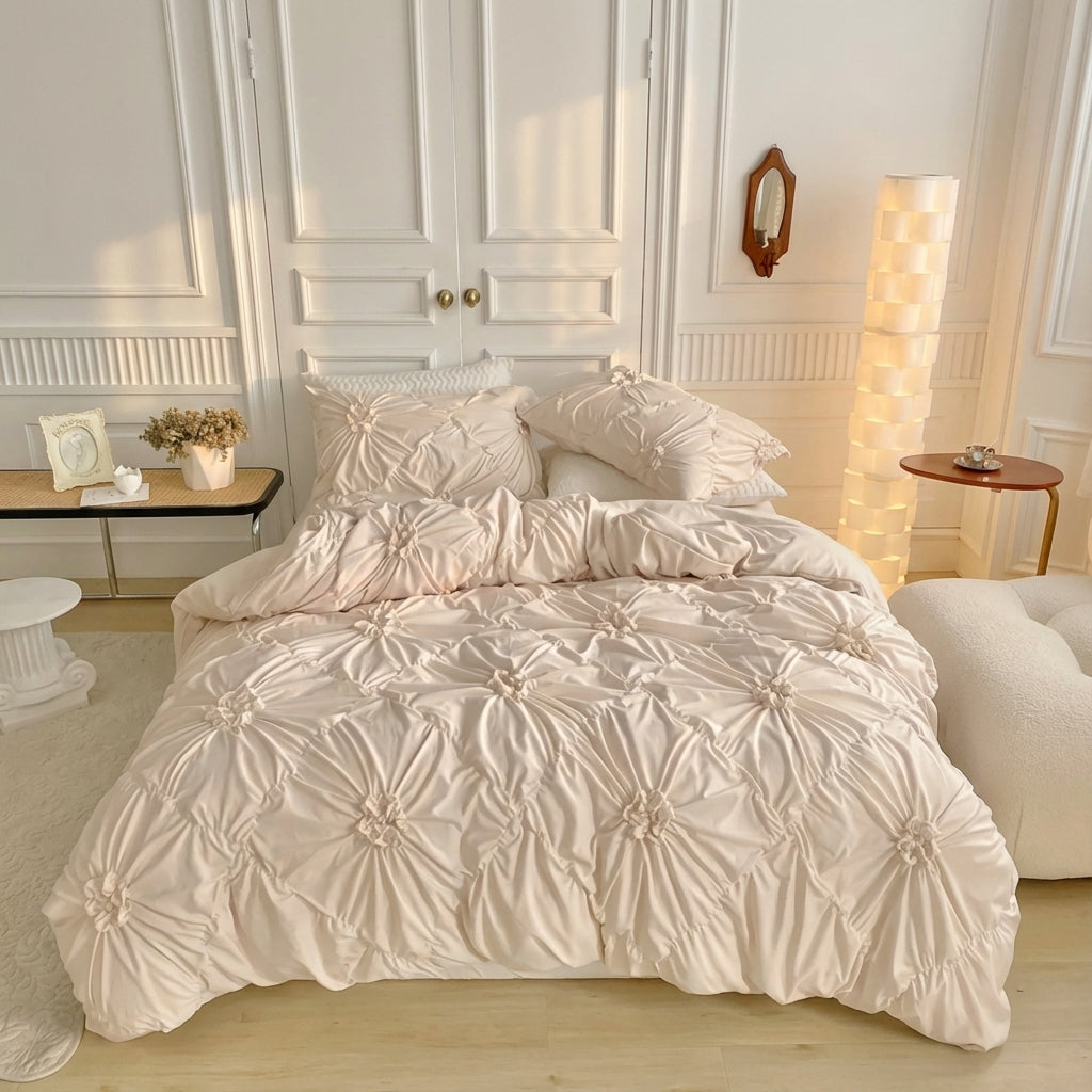 Pinch Pleat Duvet Cover Set with Ruffle Flower Texture and Zipper Closure