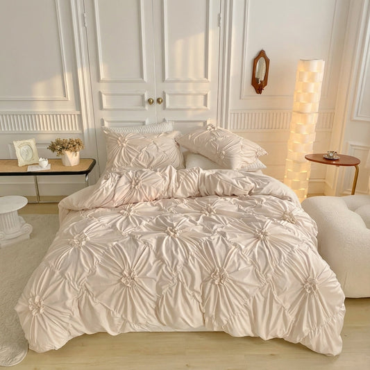 Pinch Pleat Duvet Cover Set with Ruffle Flower Texture and Zipper Closure