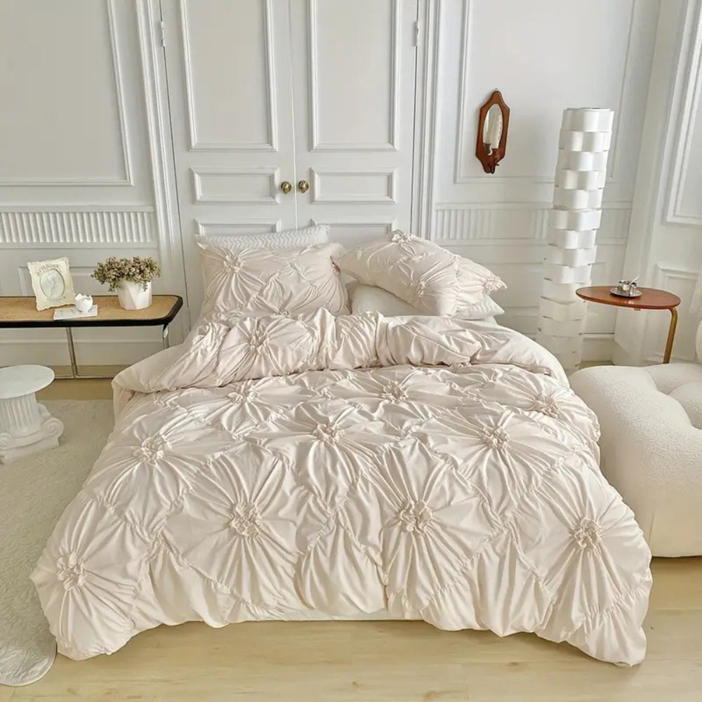 Pinch Pleat Duvet Cover Set with Ruffle Flower Texture and Zipper Closure