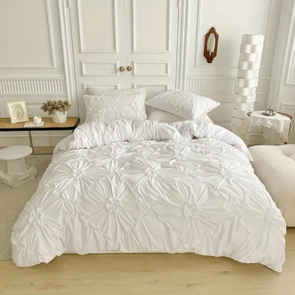 Pinch Pleat Duvet Cover Set with Ruffle Flower Texture and Zipper Closure