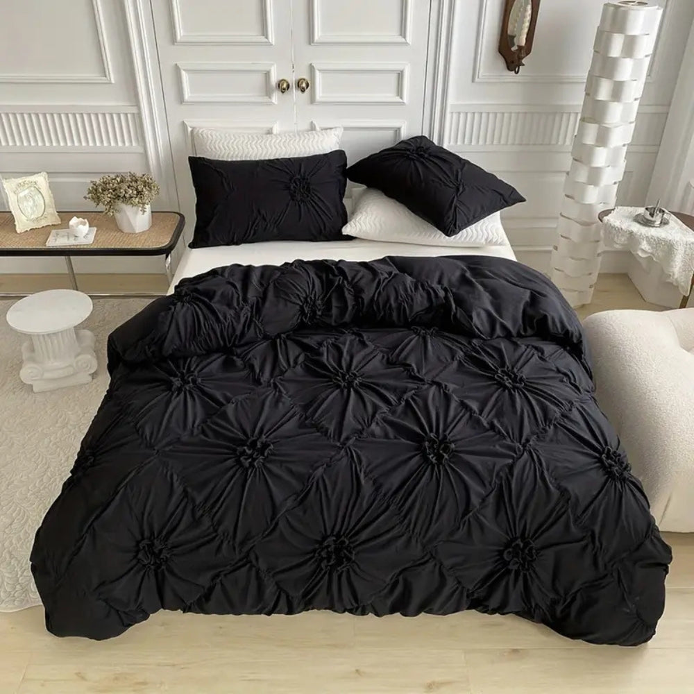 Pinch Pleat Duvet Cover Set with Ruffle Flower Texture and Zipper Closure