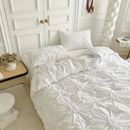 Pinch Pleat Duvet Cover Set with Ruffle Flower Texture and Zipper Closure