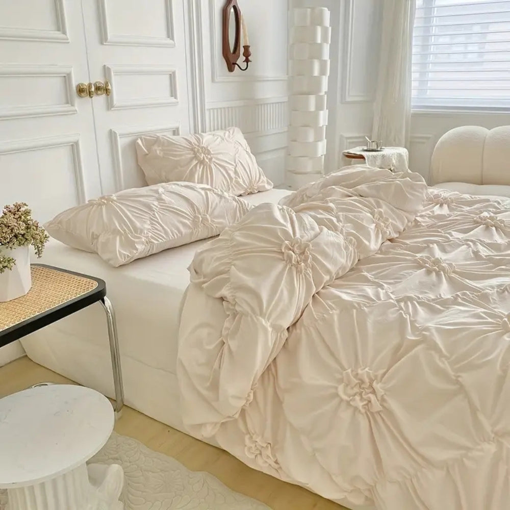 Pinch Pleat Duvet Cover Set with Ruffle Flower Texture and Zipper Closure