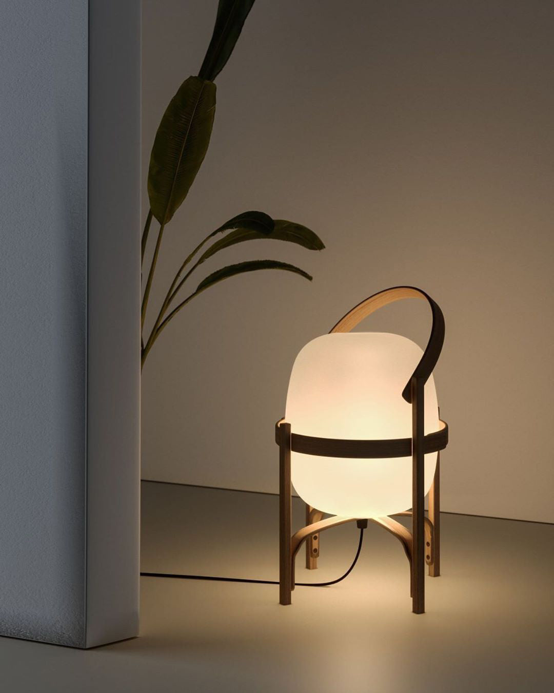 Portable Lantern Table Lamp Scandinavian with Wood Frame and Globe Glass Shade