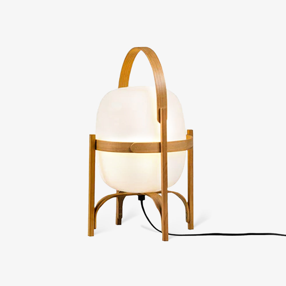Portable Lantern Table Lamp Scandinavian with Wood Frame and Globe Glass Shade