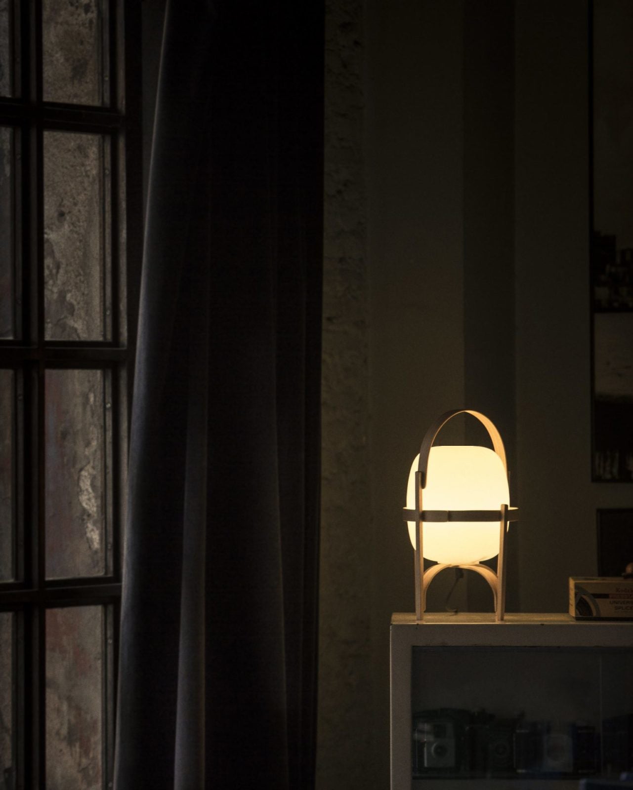 Portable Lantern Table Lamp Scandinavian with Wood Frame and Globe Glass Shade