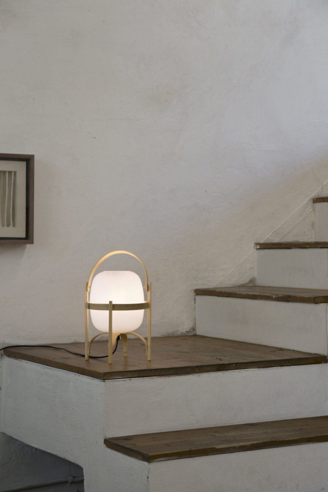 Portable Lantern Table Lamp Scandinavian with Wood Frame and Globe Glass Shade