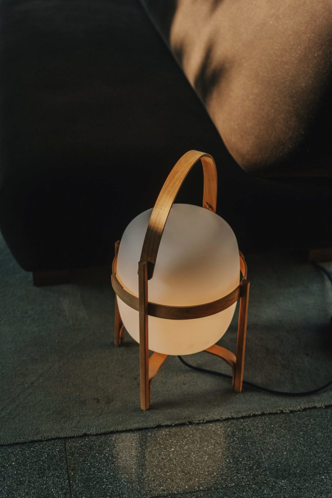 Portable Lantern Table Lamp Scandinavian with Wood Frame and Globe Glass Shade