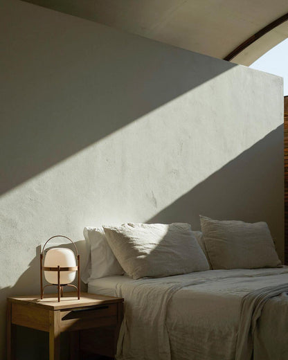 Portable Lantern Table Lamp Scandinavian with Wood Frame and Globe Glass Shade