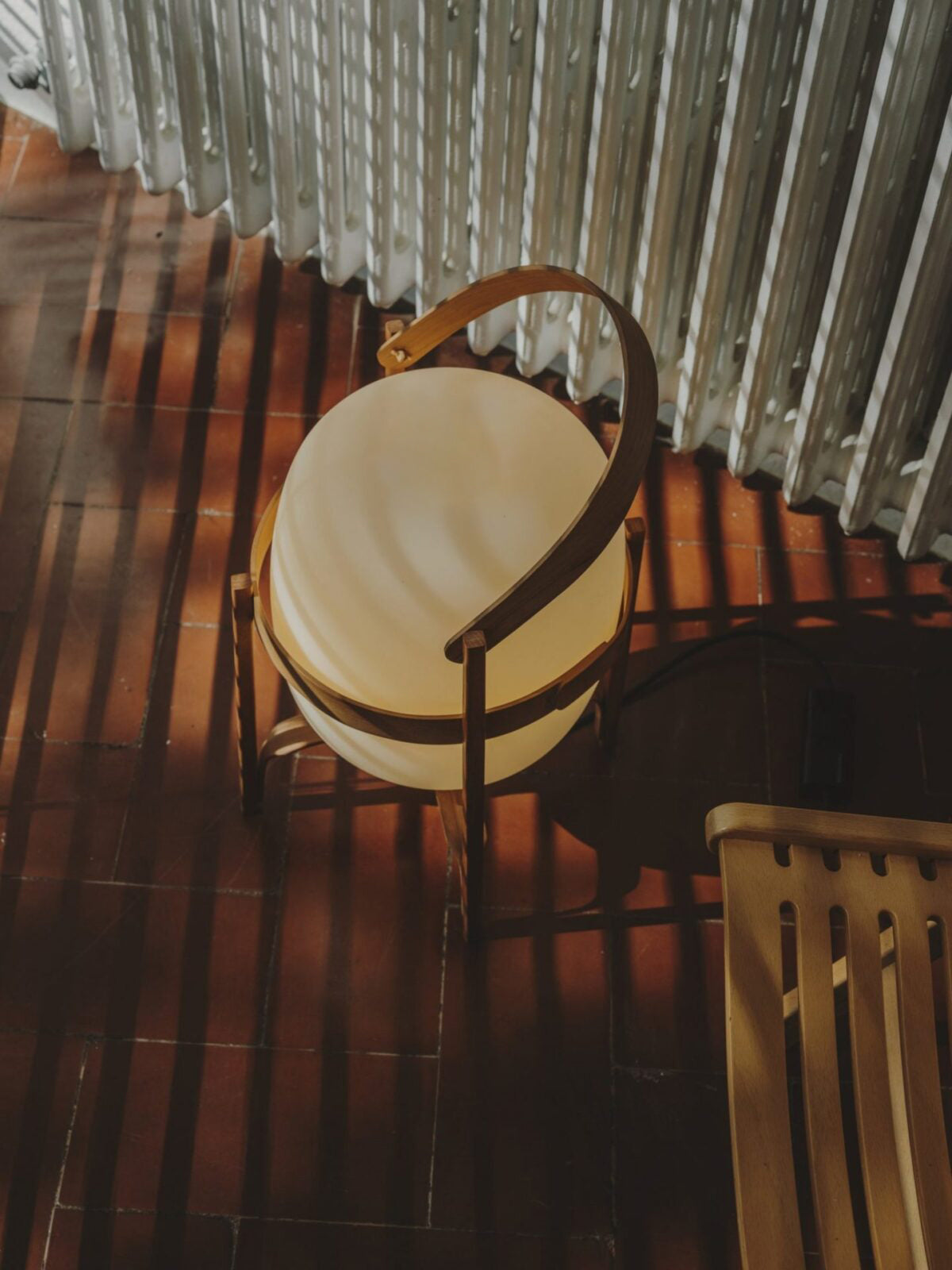 Portable Lantern Table Lamp Scandinavian with Wood Frame and Globe Glass Shade