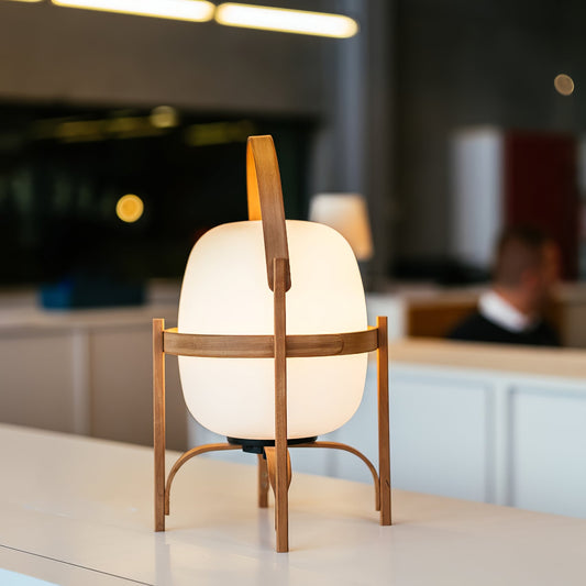 Portable Lantern Table Lamp Scandinavian with Wood Frame and Globe Glass Shade
