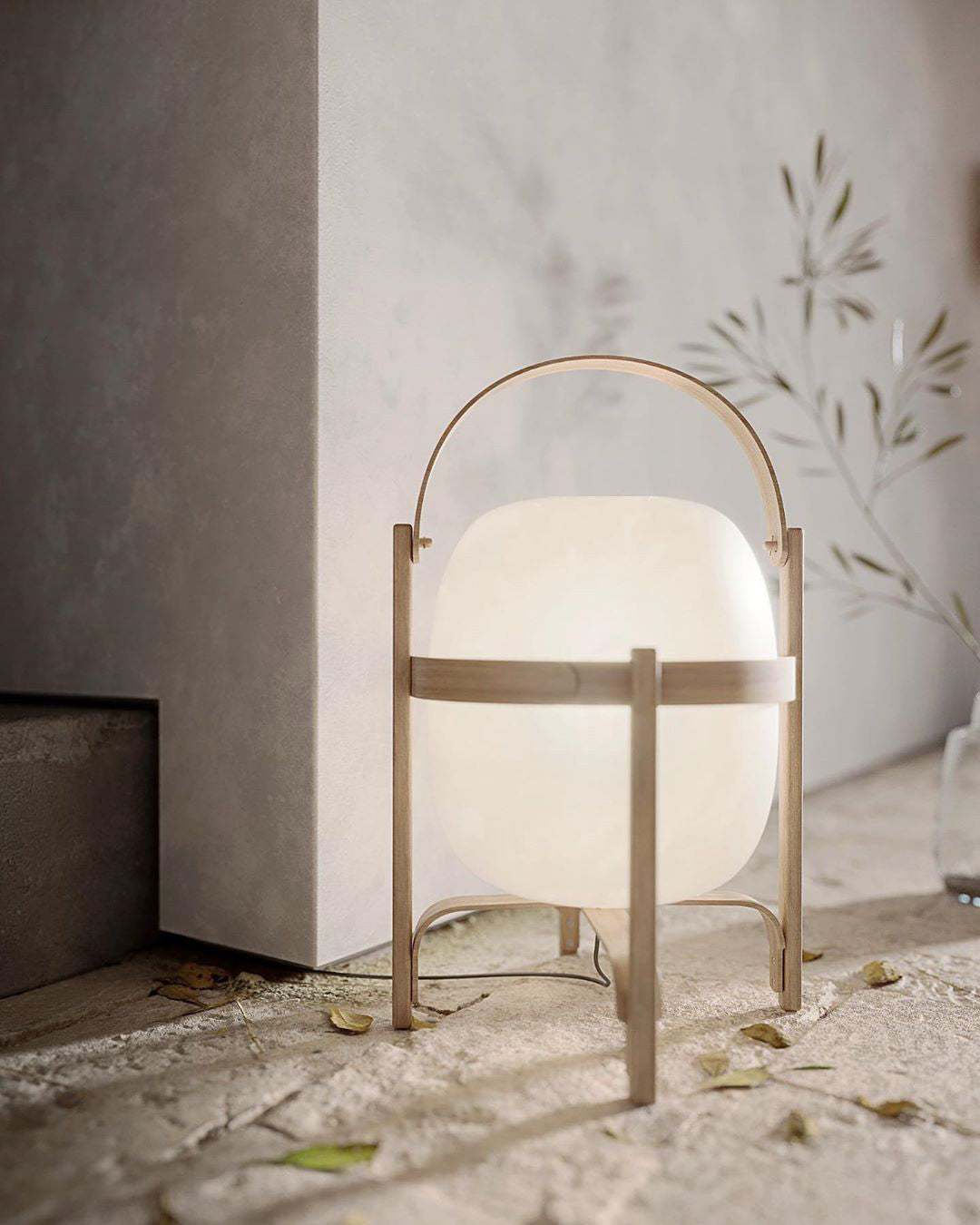 Portable Lantern Table Lamp Scandinavian with Wood Frame and Globe Glass Shade