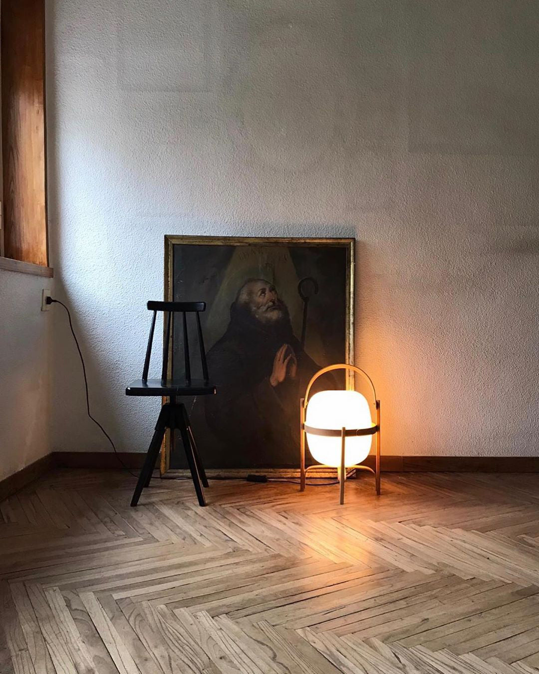 Portable Lantern Table Lamp Scandinavian with Wood Frame and Globe Glass Shade