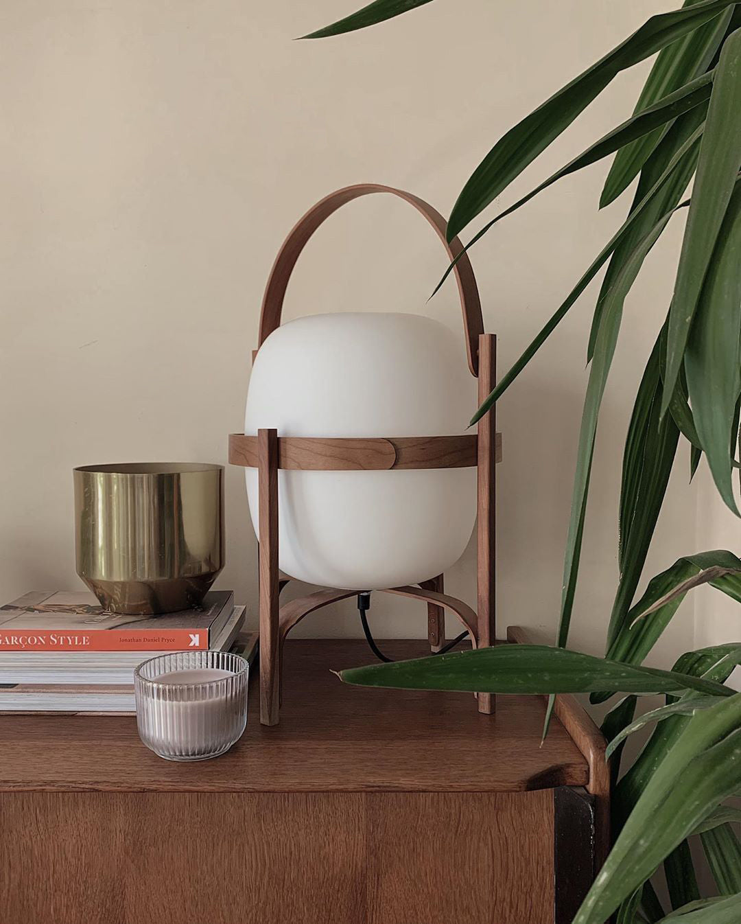 Portable Lantern Table Lamp Scandinavian with Wood Frame and Globe Glass Shade
