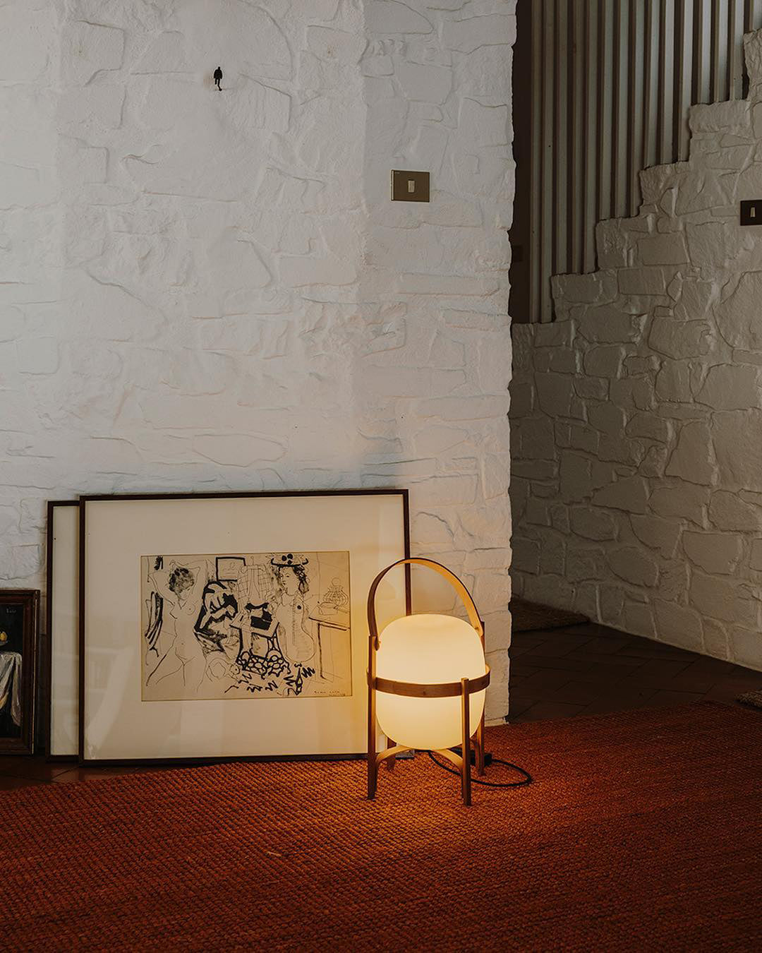 Portable Lantern Table Lamp Scandinavian with Wood Frame and Globe Glass Shade