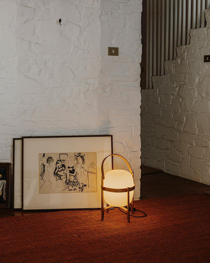 Portable Lantern Table Lamp Scandinavian with Wood Frame and Globe Glass Shade