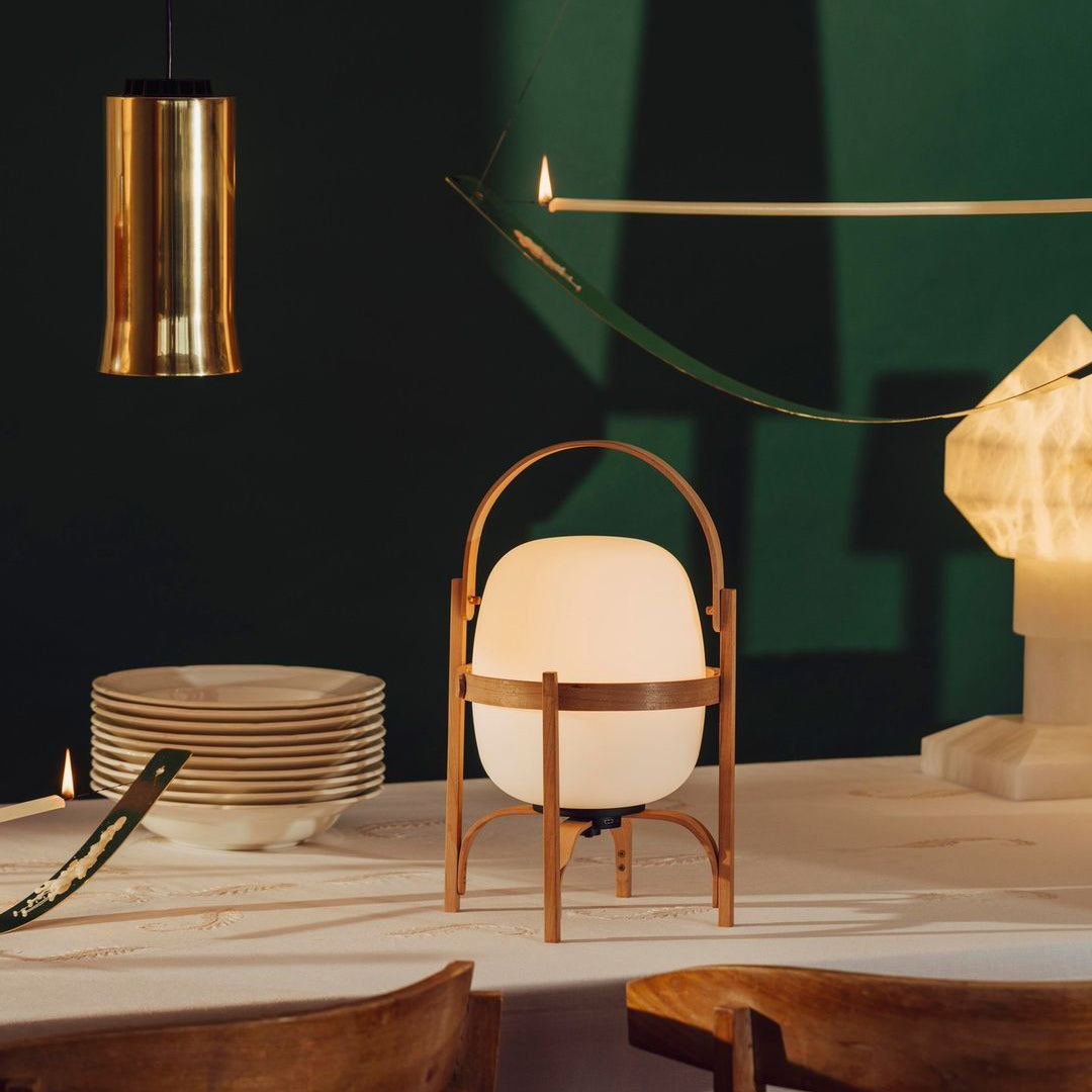 Portable Lantern Table Lamp Scandinavian with Wood Frame and Globe Glass Shade