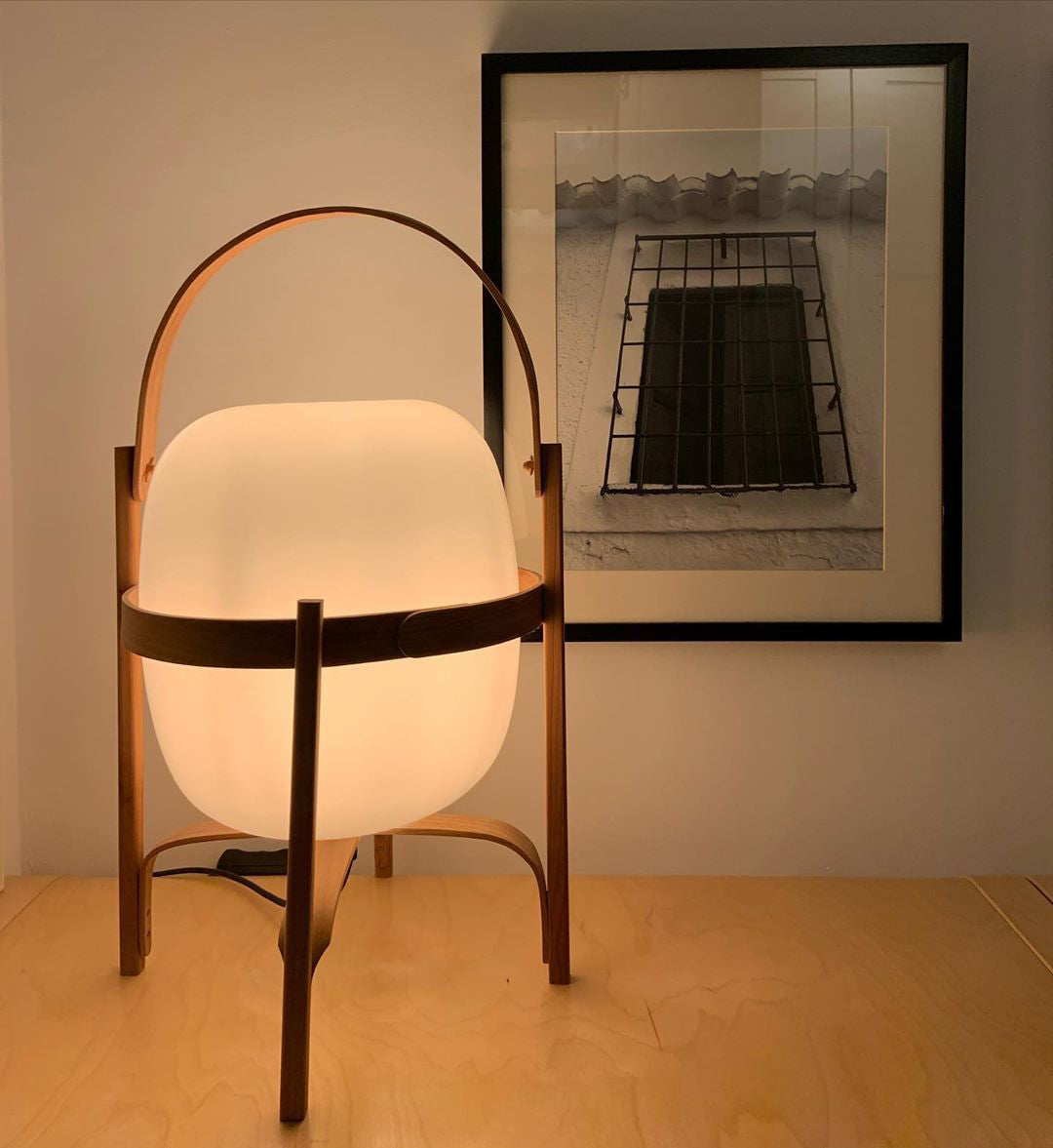 Portable Lantern Table Lamp Scandinavian with Wood Frame and Globe Glass Shade