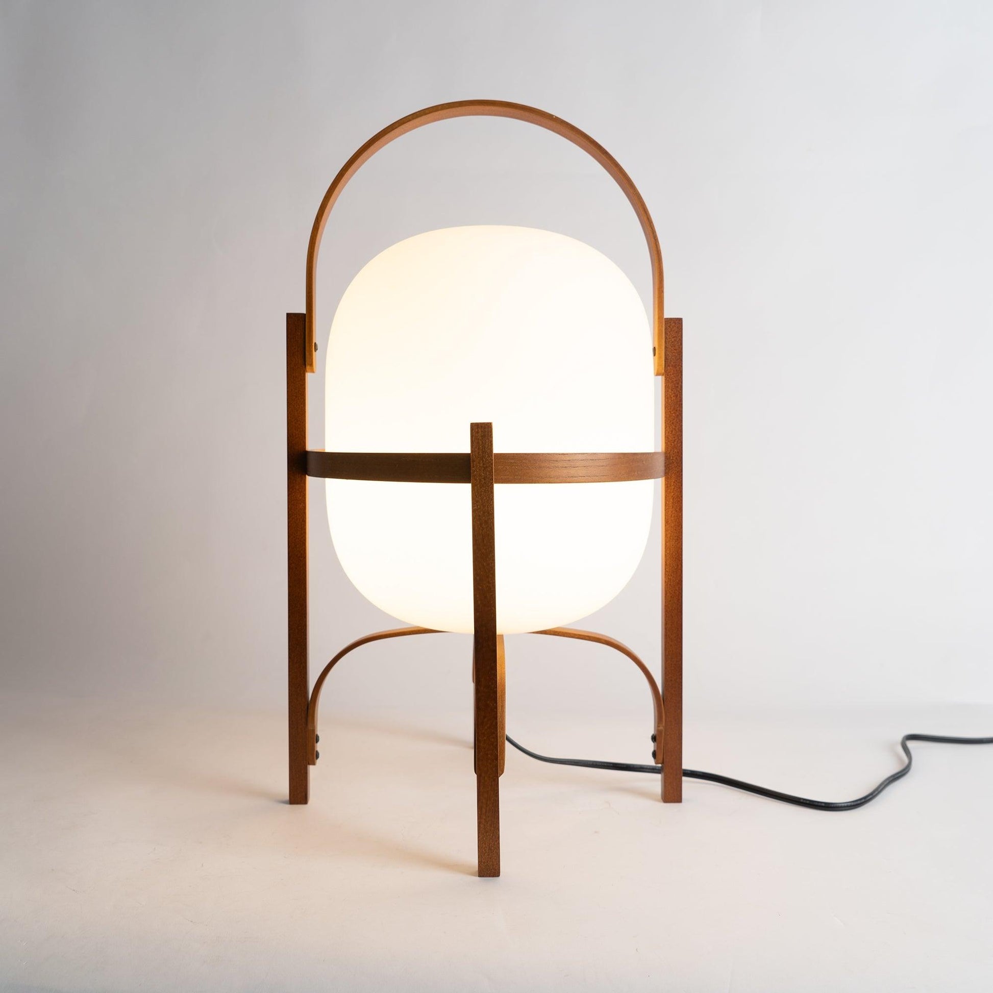 Portable Lantern Table Lamp Scandinavian with Wood Frame and Globe Glass Shade