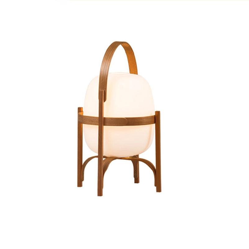 Portable Lantern Table Lamp Scandinavian with Wood Frame and Globe Glass Shade