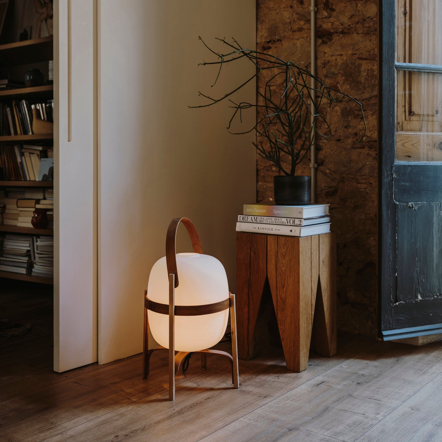 Portable Lantern Table Lamp Scandinavian with Wood Frame and Globe Glass Shade