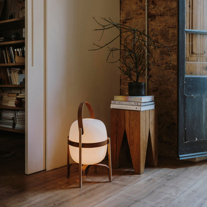 Portable Lantern Table Lamp Scandinavian with Wood Frame and Globe Glass Shade