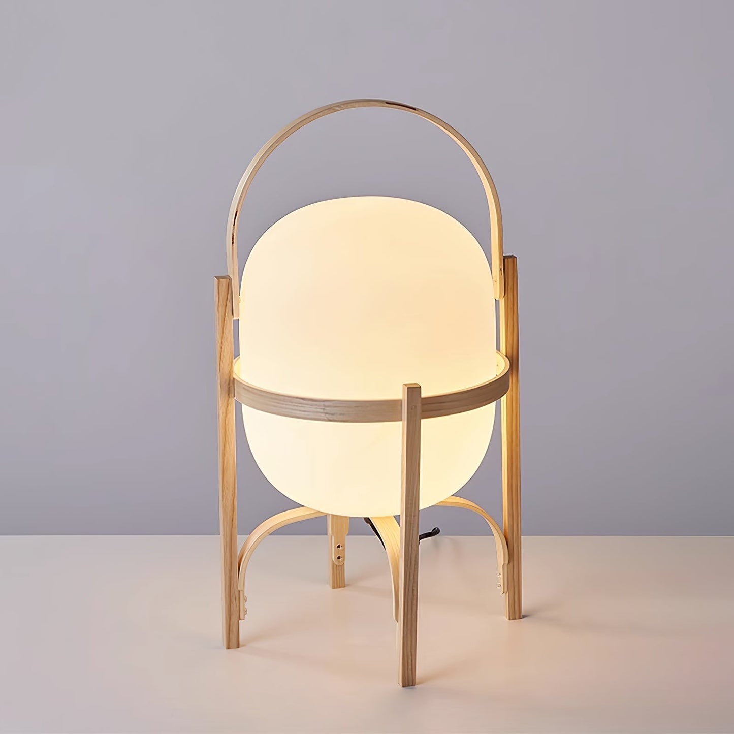 Portable Lantern Table Lamp Scandinavian with Wood Frame and Globe Glass Shade