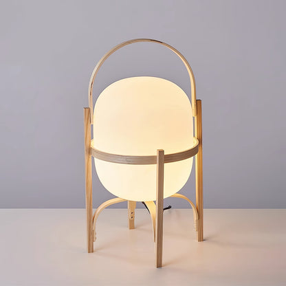 Portable Lantern Table Lamp Scandinavian with Wood Frame and Globe Glass Shade