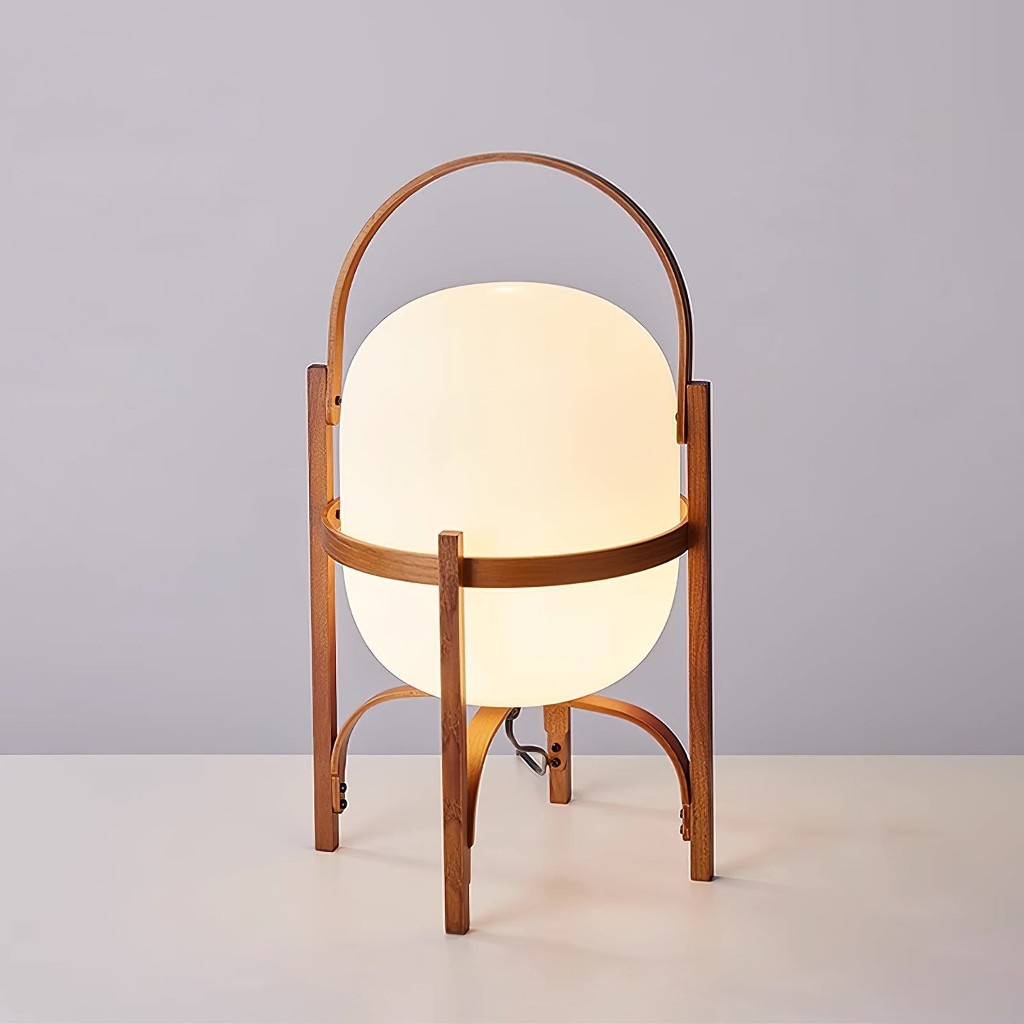 Portable Lantern Table Lamp Scandinavian with Wood Frame and Globe Glass Shade