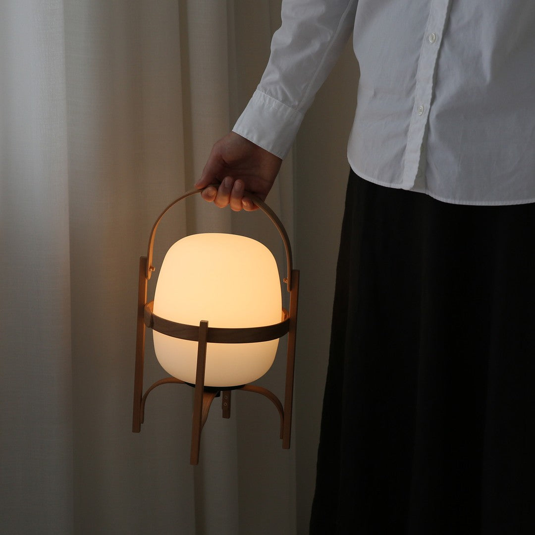 Portable Lantern Table Lamp Scandinavian with Wood Frame and Globe Glass Shade