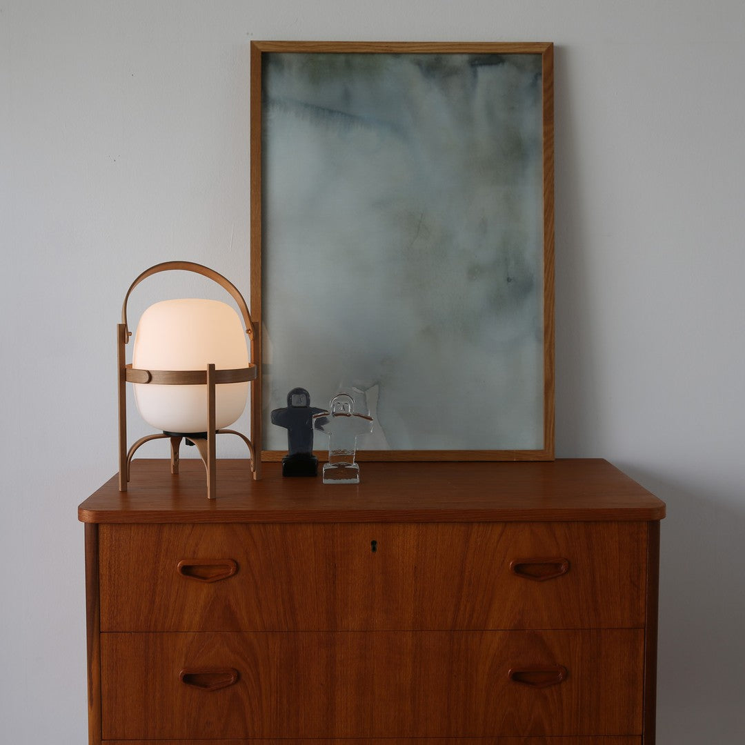 Portable Lantern Table Lamp Scandinavian with Wood Frame and Globe Glass Shade