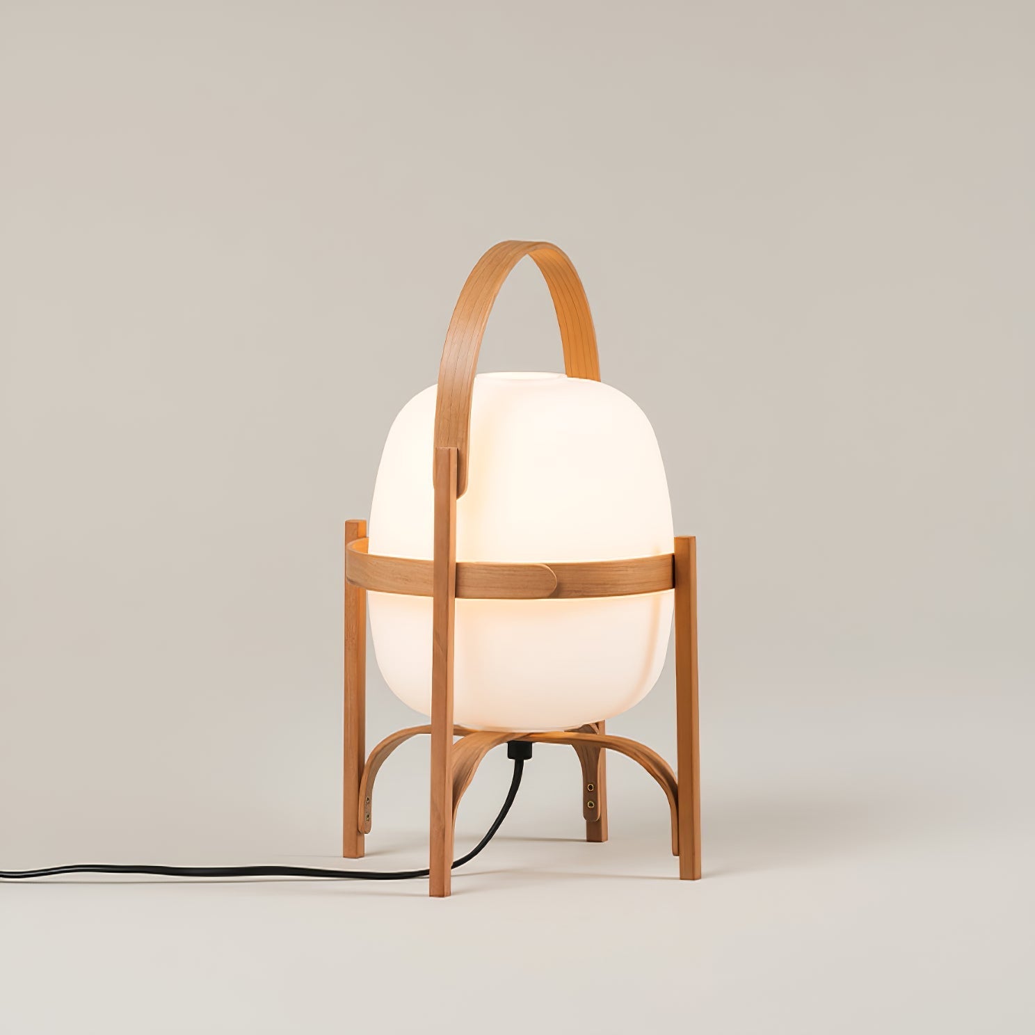 Portable Lantern Table Lamp Scandinavian with Wood Frame and Globe Glass Shade