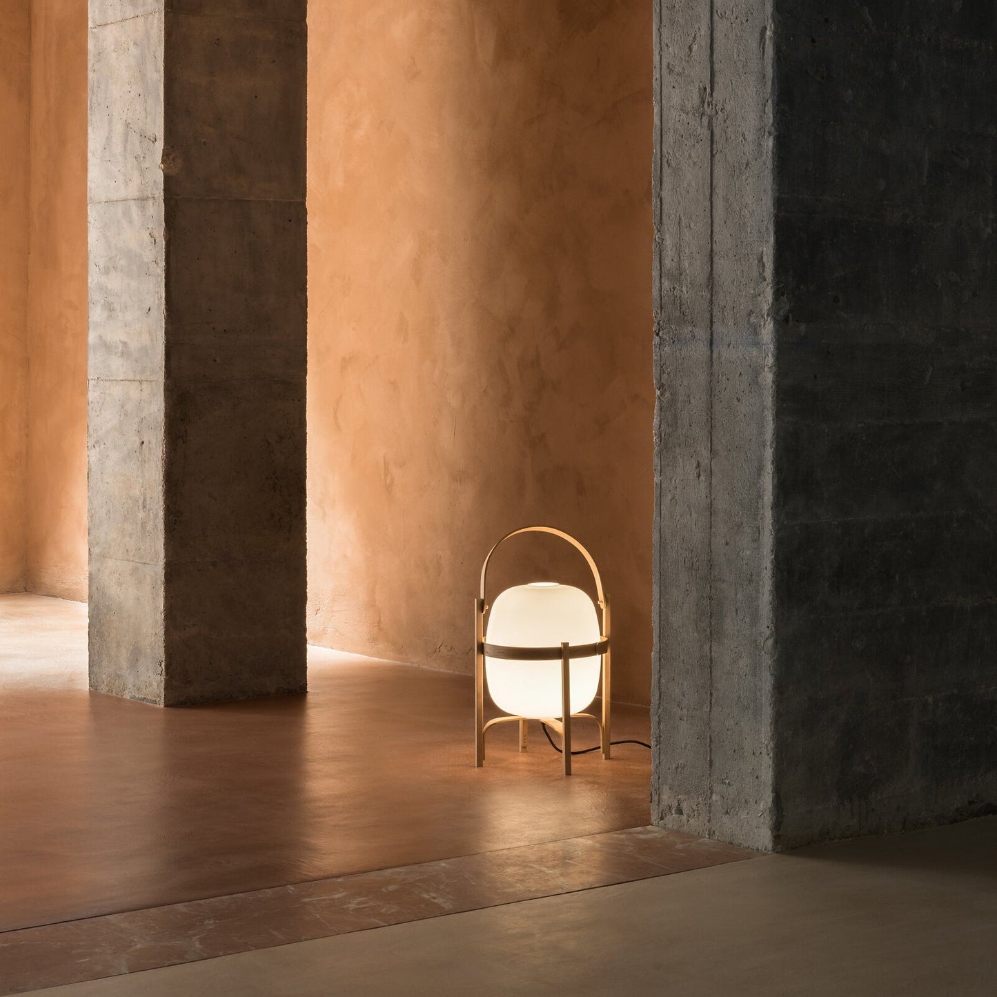 Portable Lantern Table Lamp Scandinavian with Wood Frame and Globe Glass Shade