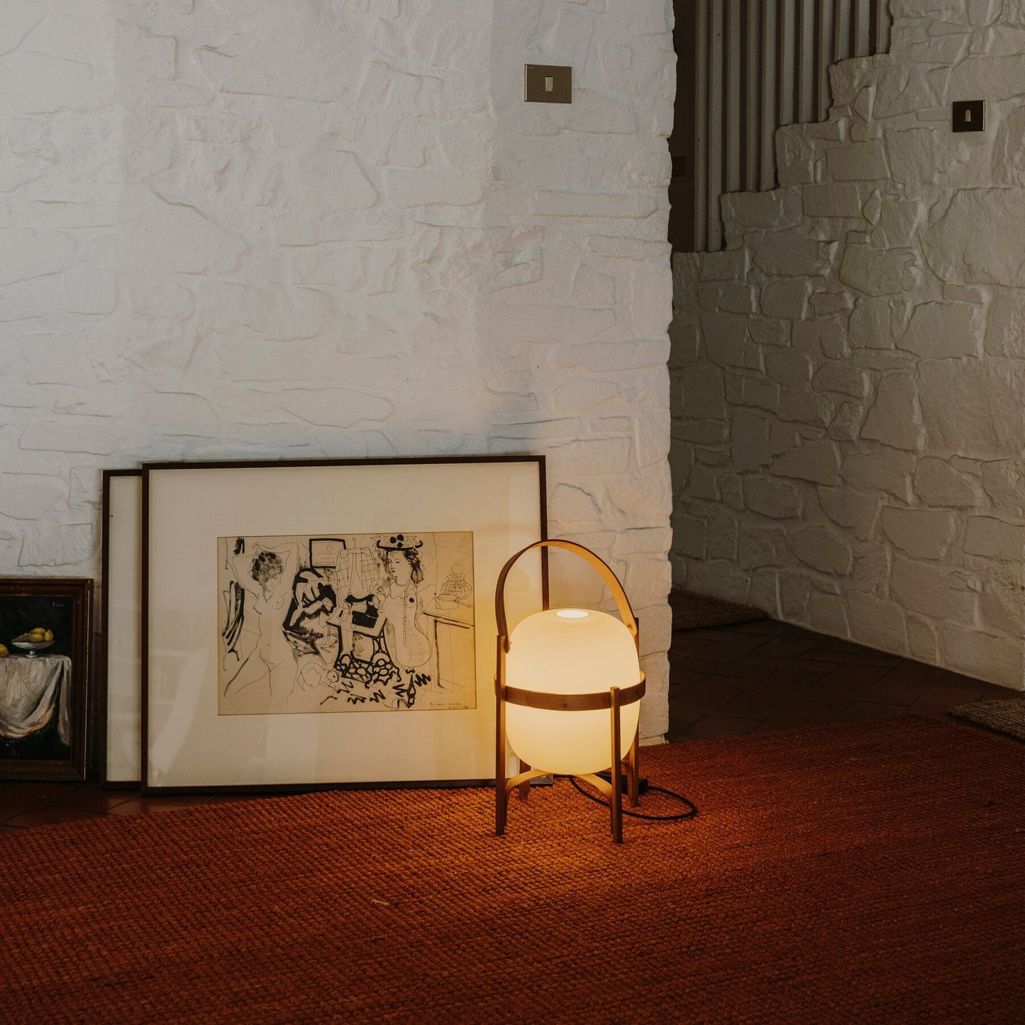 Portable Lantern Table Lamp Scandinavian with Wood Frame and Globe Glass Shade