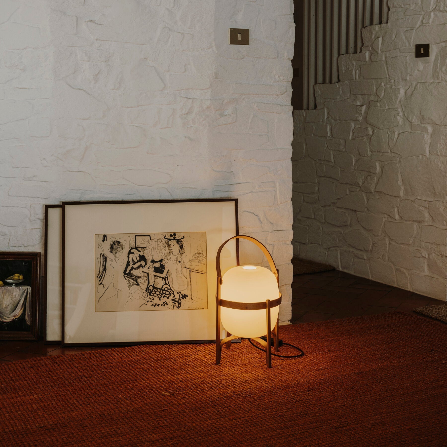 Portable Lantern Table Lamp Scandinavian with Wood Frame and Globe Glass Shade