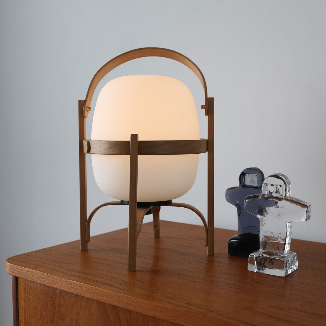 Portable Lantern Table Lamp Scandinavian with Wood Frame and Globe Glass Shade